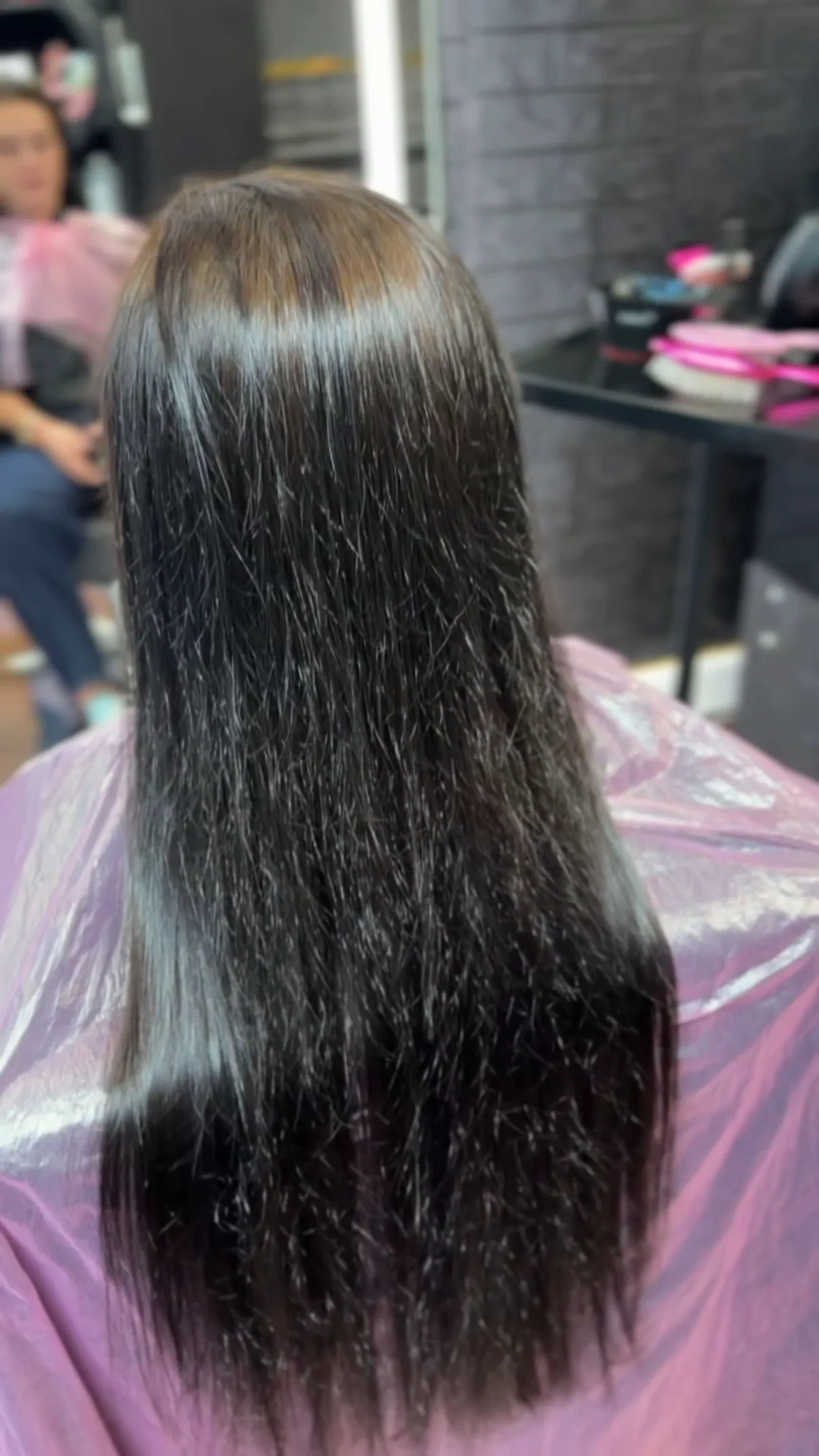 Hair before treatment — long dark slightly frizzy hair